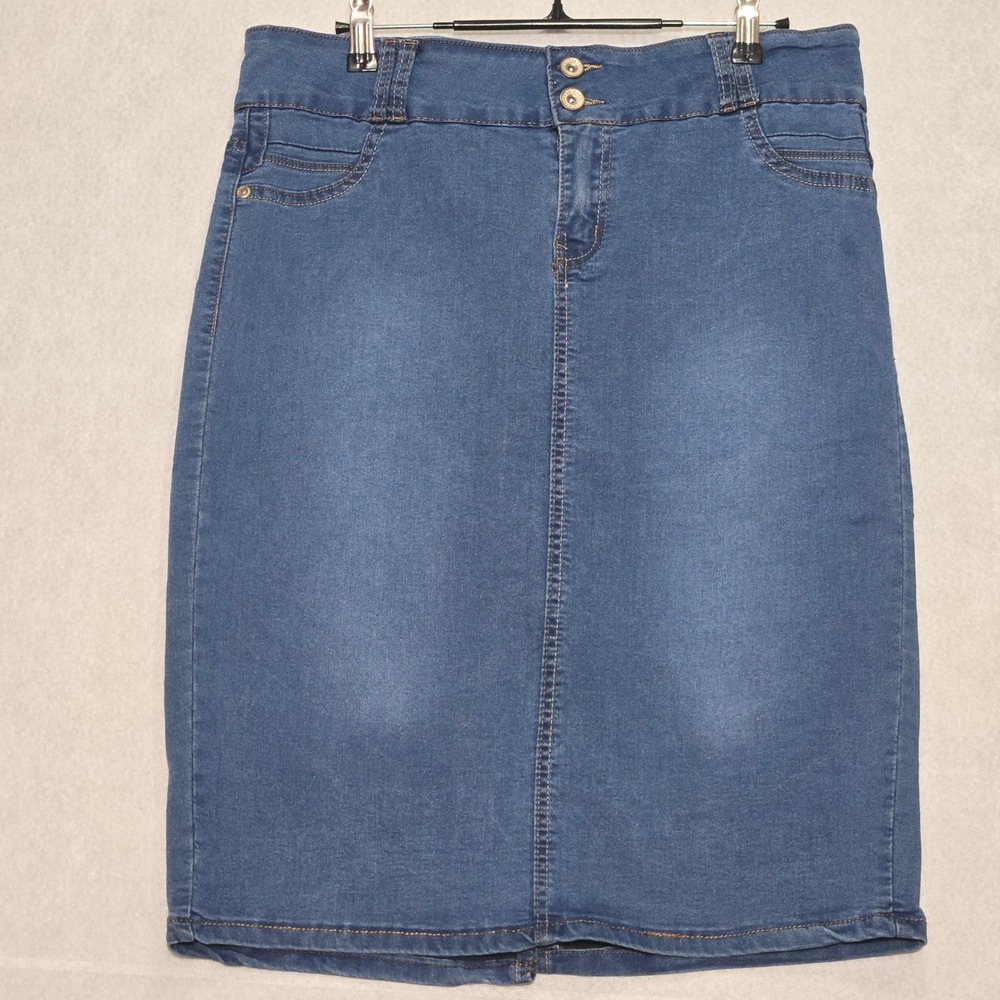 Reckless Womens Blue Denim Pencil Skirt Medium Wash Knee Length Size 13/14 35"
